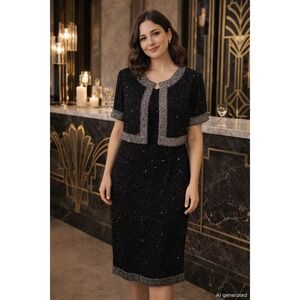 VTG Stenay Beaded Silk Dress 6 Black Silver Sequin Formal Old Hollywood Gatsby